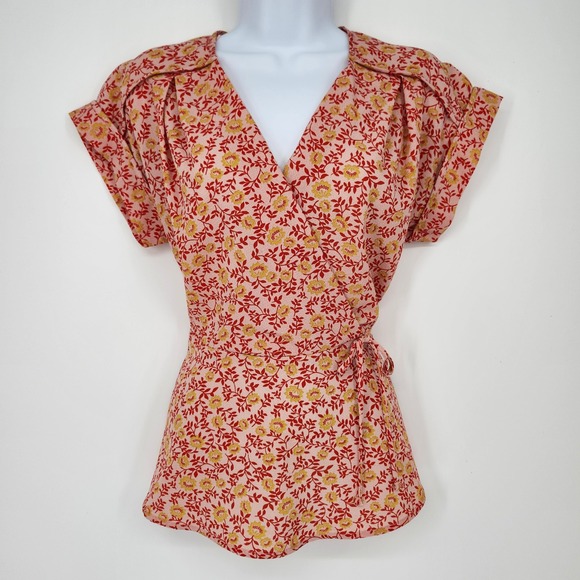 Monteau Tops - Pink Red Yellow‎ Floral Faux Wrap Top Large Boho Contemporary Colorful Cottage